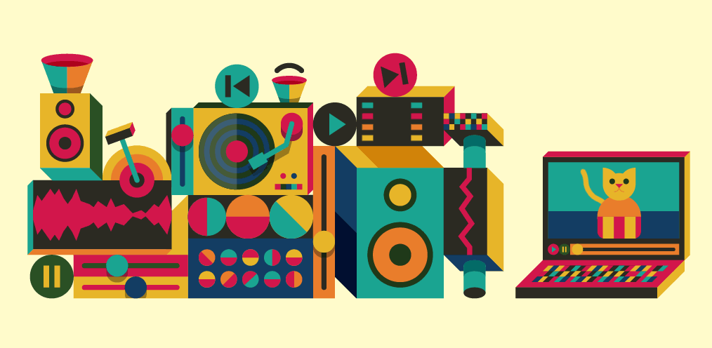 Illustration of a machine built from turntables, speakers and waveforms beside a laptop playing a cat video