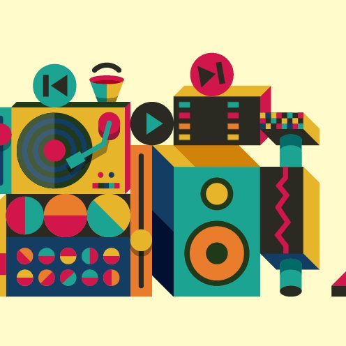 Illustration of a machine built from turntables, speakers and waveforms beside a laptop playing a cat video